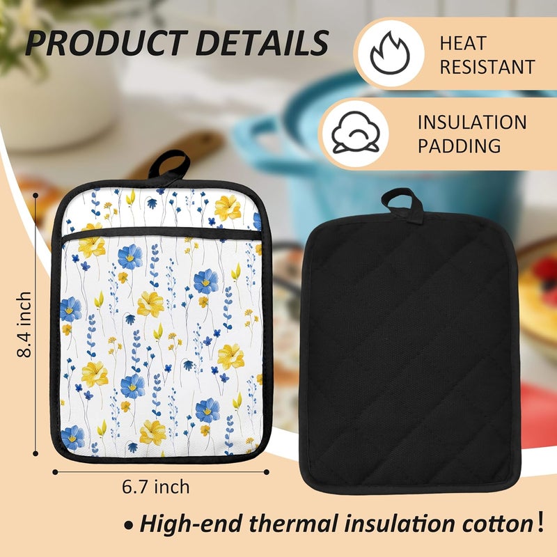 HUGANE Blue and Yellow Floral Oven Mitts Set, Blue Flower Floral Heat Resistant Kitchen Oven Gloves for Baking and Cooking,Pot Holders - Image 2